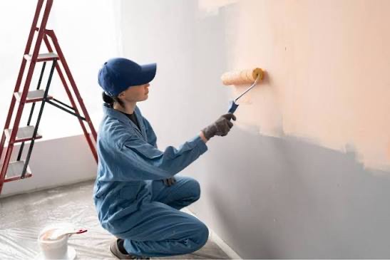 Decorator rolling fresh paint onto a wall