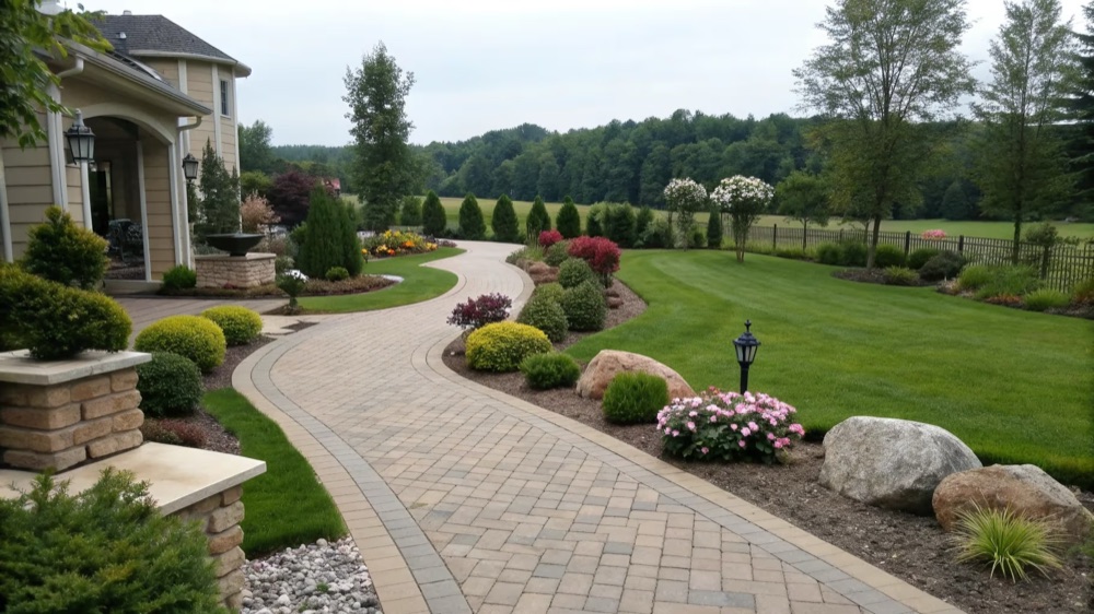 Landscaped front garden with block-paved path and planting
